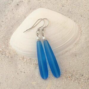 Blue Sea Glass Dangle Earrings with Pearls Womens Girls Beach Jewelry Gifts